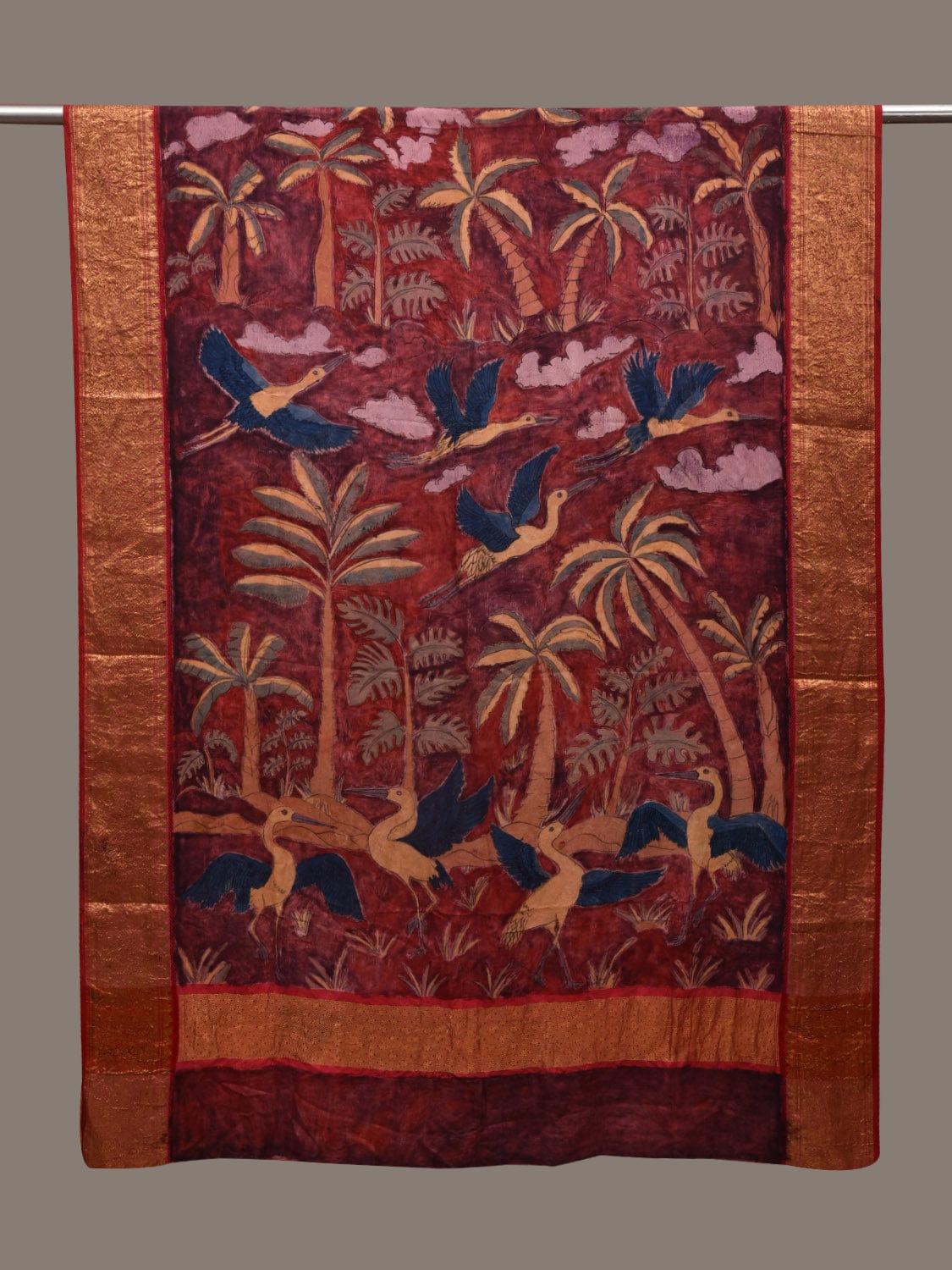 Red Kalamkari Hand Painted Kanchipuram Silk Dupatta with Trees and Birds Design ds2931