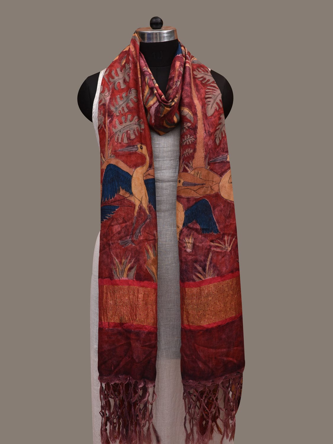 Red Kalamkari Hand Painted Kanchipuram Silk Dupatta with Trees and Birds Design ds2931