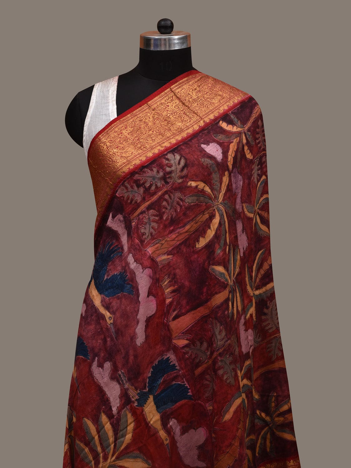 Red Kalamkari Hand Painted Kanchipuram Silk Dupatta with Trees and Birds Design ds2931