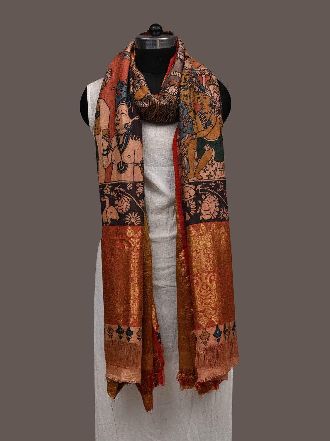 Red Kalamkari Hand Painted Kanchipuram Silk Handloom Dupatta with Ajanta Painting Design ds2375