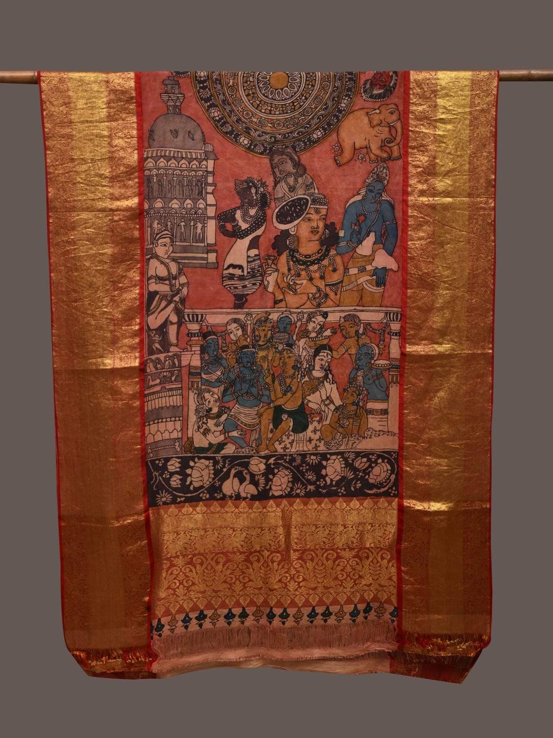 Red Kalamkari Hand Painted Kanchipuram Silk Handloom Dupatta with Ajanta Painting Design ds2375
