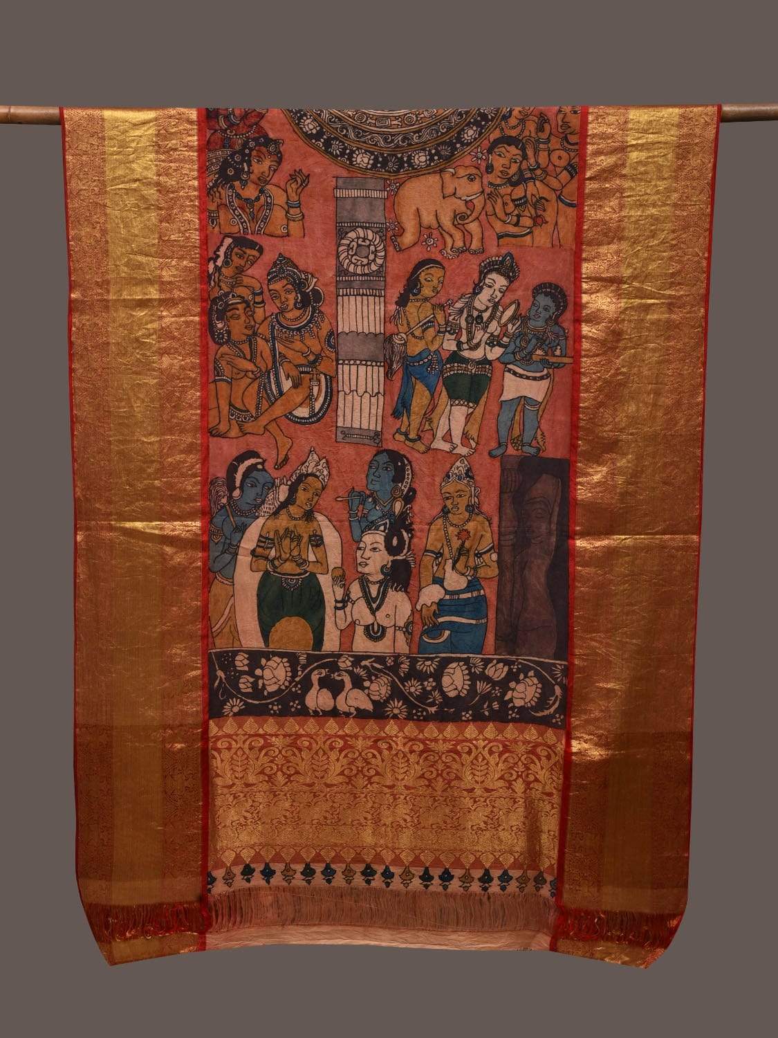 Red Kalamkari Hand Painted Kanchipuram Silk Handloom Dupatta with Ajanta Painting Design ds2375