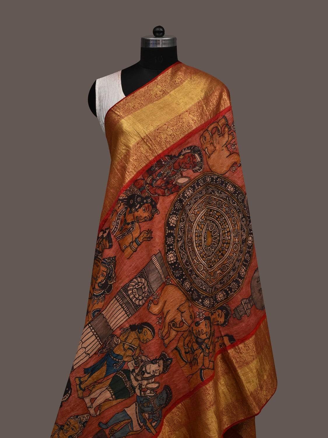 Red Kalamkari Hand Painted Kanchipuram Silk Handloom Dupatta with Ajanta Painting Design ds2375