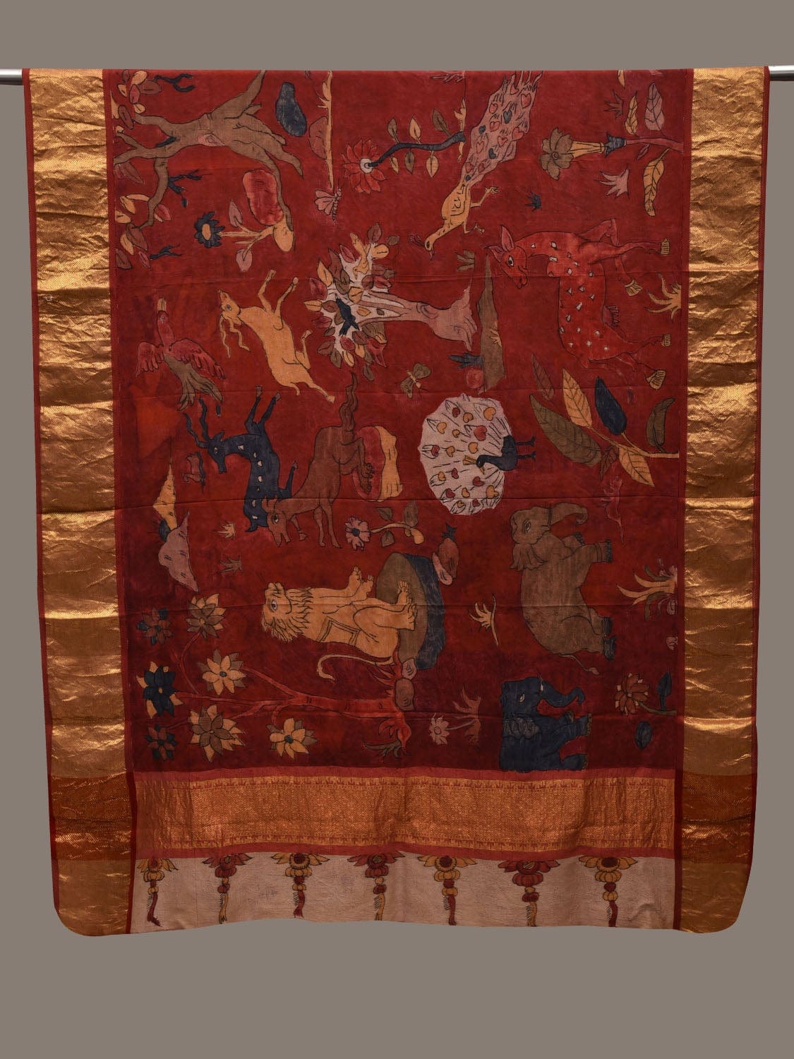 Red Kalamkari Hand Painted Kanchipuram Silk Handloom Dupatta with Animals and Birds Design ds2636