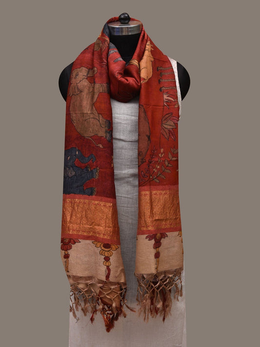 Red Kalamkari Hand Painted Kanchipuram Silk Handloom Dupatta with Animals and Birds Design ds2636