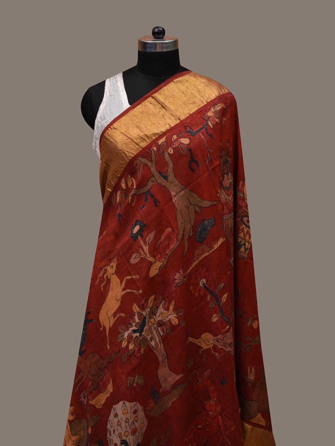 Red Kalamkari Hand Painted Kanchipuram Silk Handloom Dupatta with Animals and Birds Design ds2636