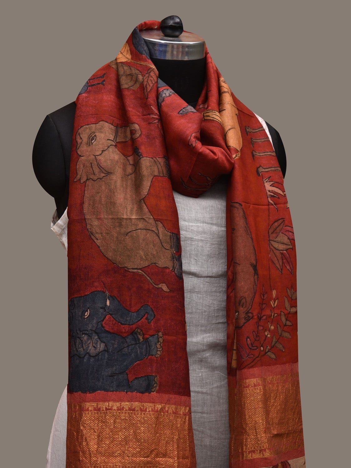 Red Kalamkari Hand Painted Kanchipuram Silk Handloom Dupatta with Animals and Birds Design ds2636