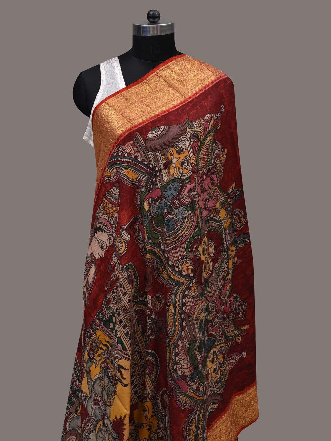 Red Kalamkari Hand Painted Kanchipuram Silk Handloom Dupatta with Bhrama Vishnu Maheshwar Design ds2512