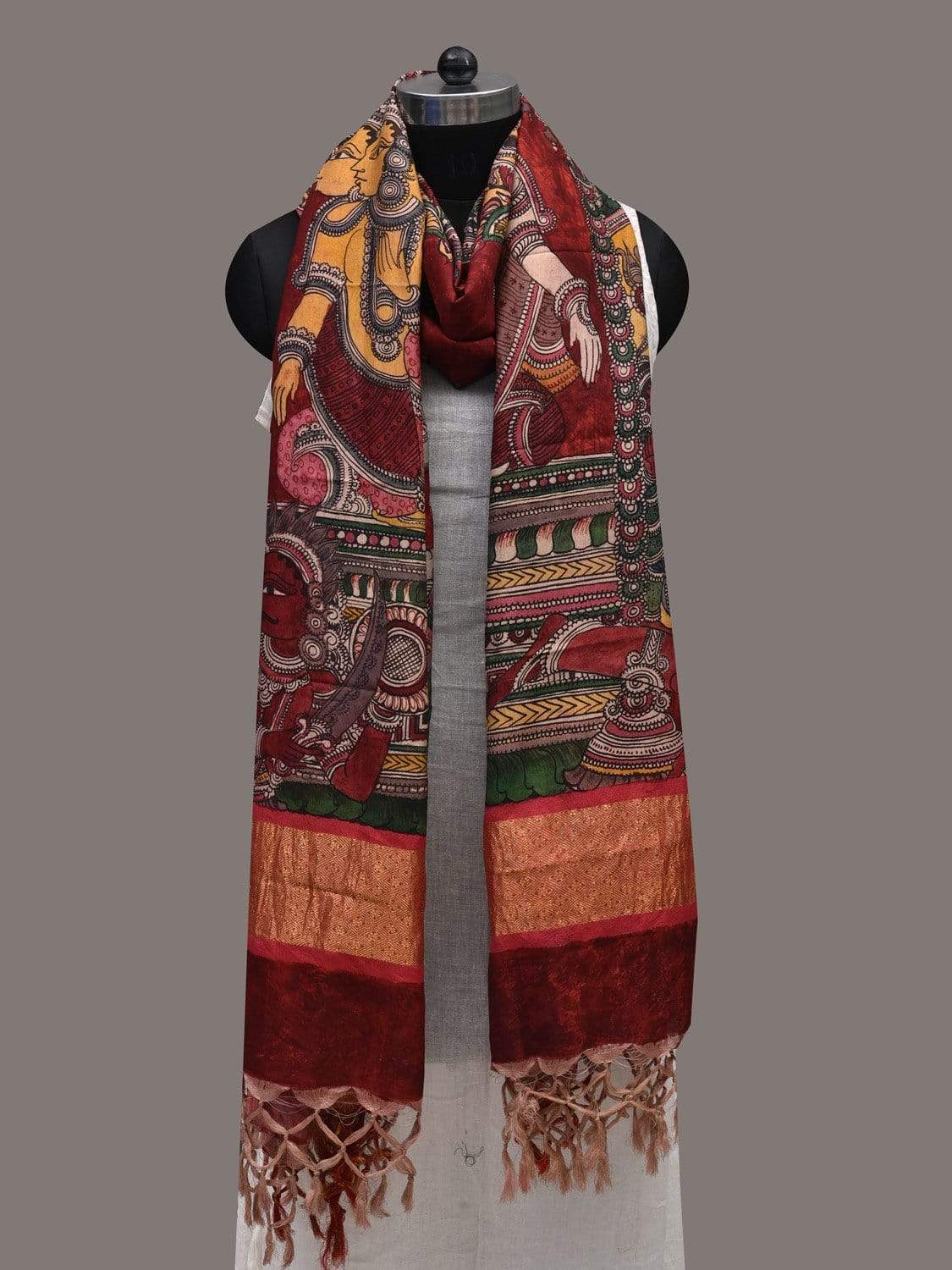 Red Kalamkari Hand Painted Kanchipuram Silk Handloom Dupatta with Bhrama Vishnu Maheshwar Design ds2512