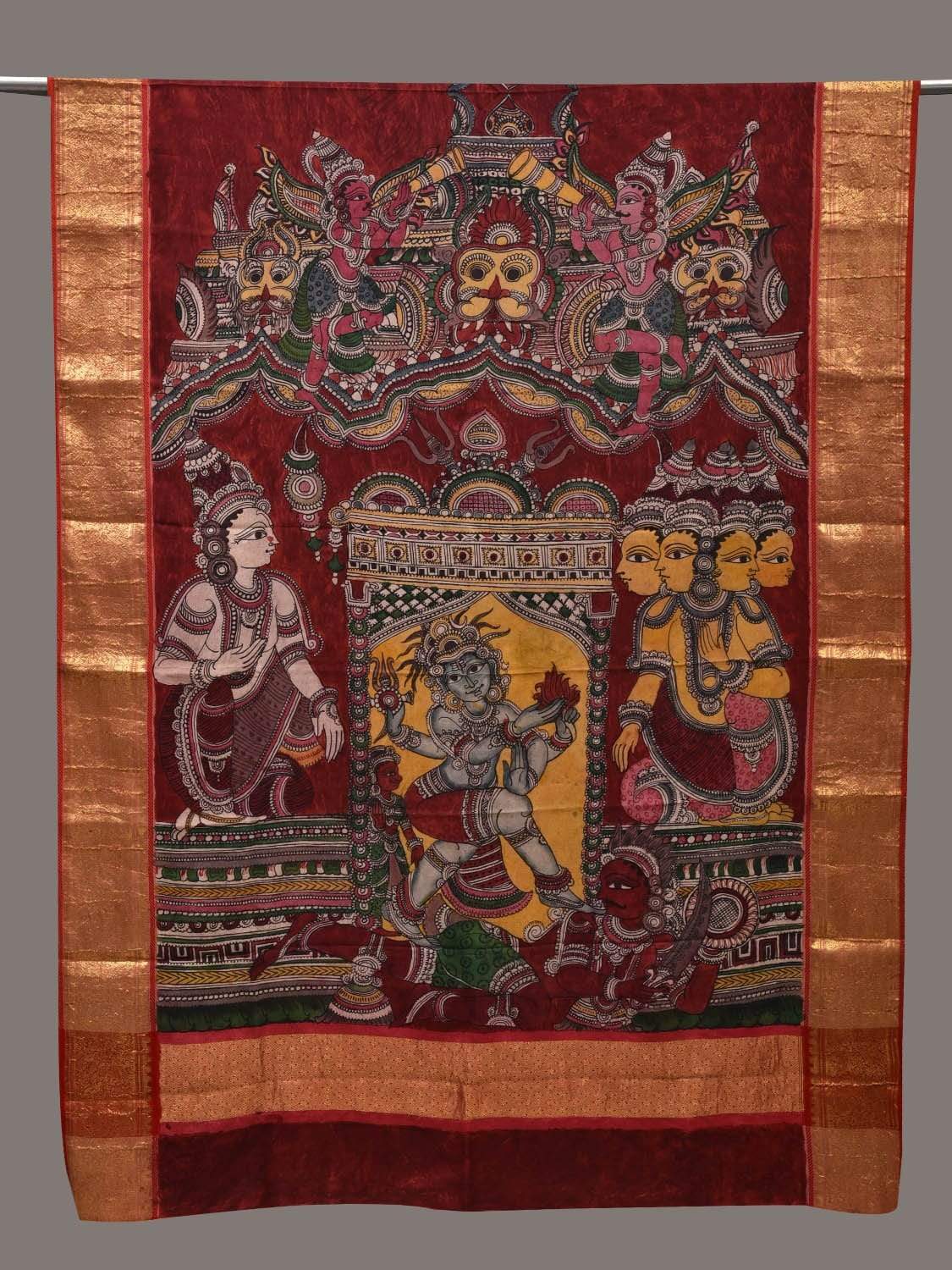 Red Kalamkari Hand Painted Kanchipuram Silk Handloom Dupatta with Bhrama Vishnu Maheshwar Design ds2512