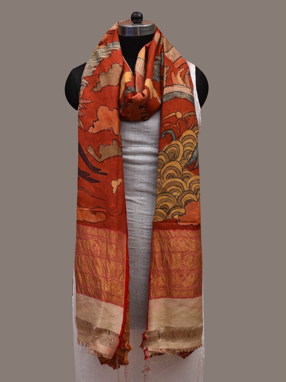 Red Kalamkari Hand Painted Kanchipuram Silk Handloom Dupatta with Birds and Clouds Design ds2669