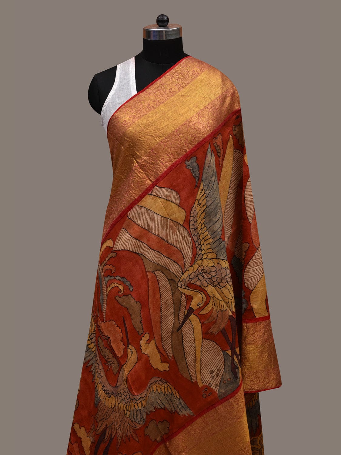 Red Kalamkari Hand Painted Kanchipuram Silk Handloom Dupatta with Birds and Clouds Design ds2669