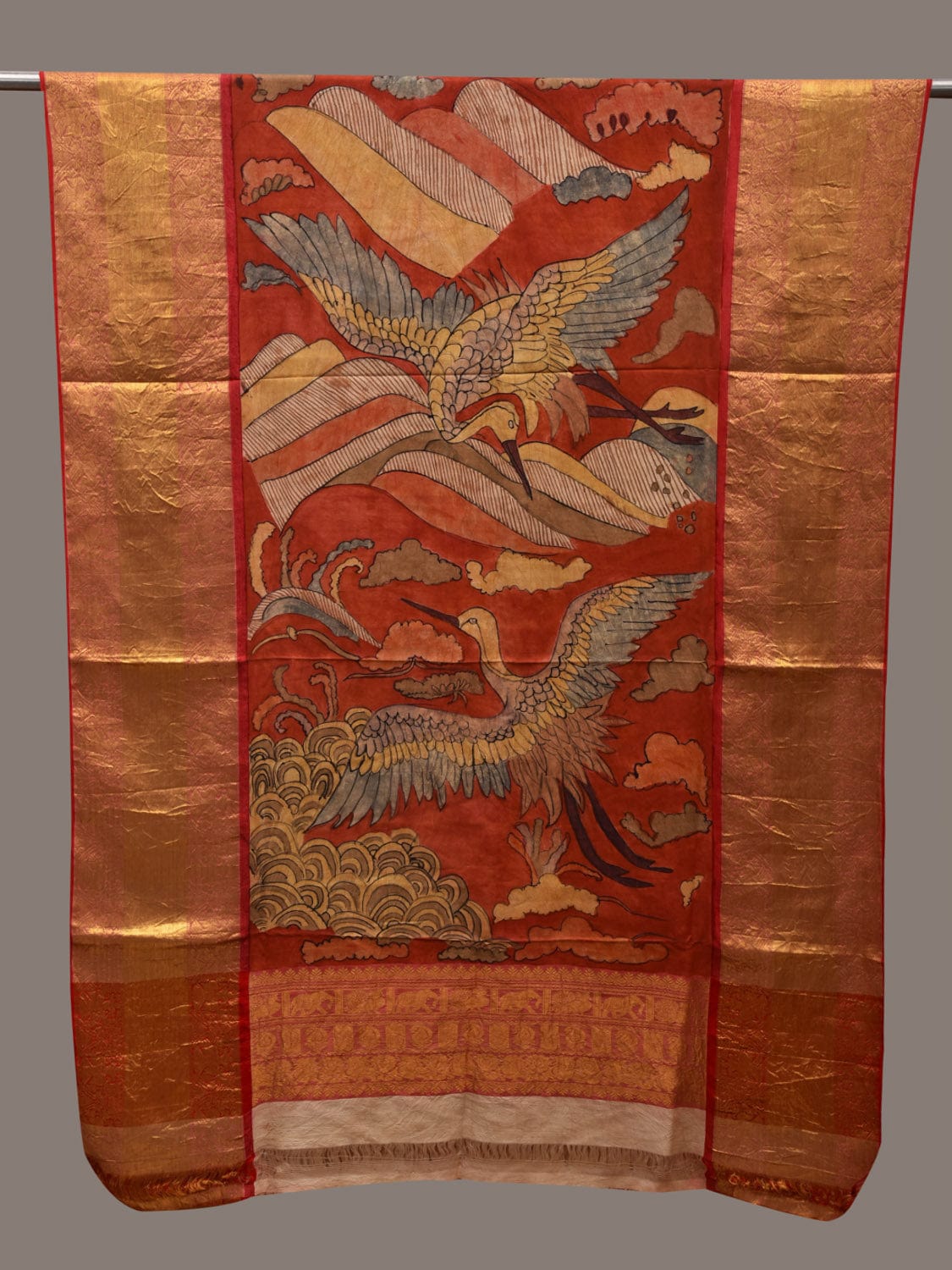 Red Kalamkari Hand Painted Kanchipuram Silk Handloom Dupatta with Birds and Clouds Design ds2669