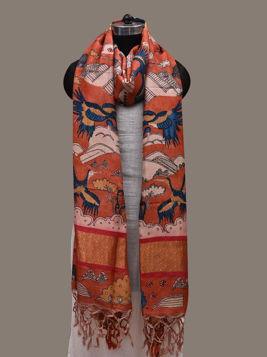 Red Kalamkari Hand Painted Kanchipuram Silk Handloom Dupatta with Birds and Hills Design ds2787