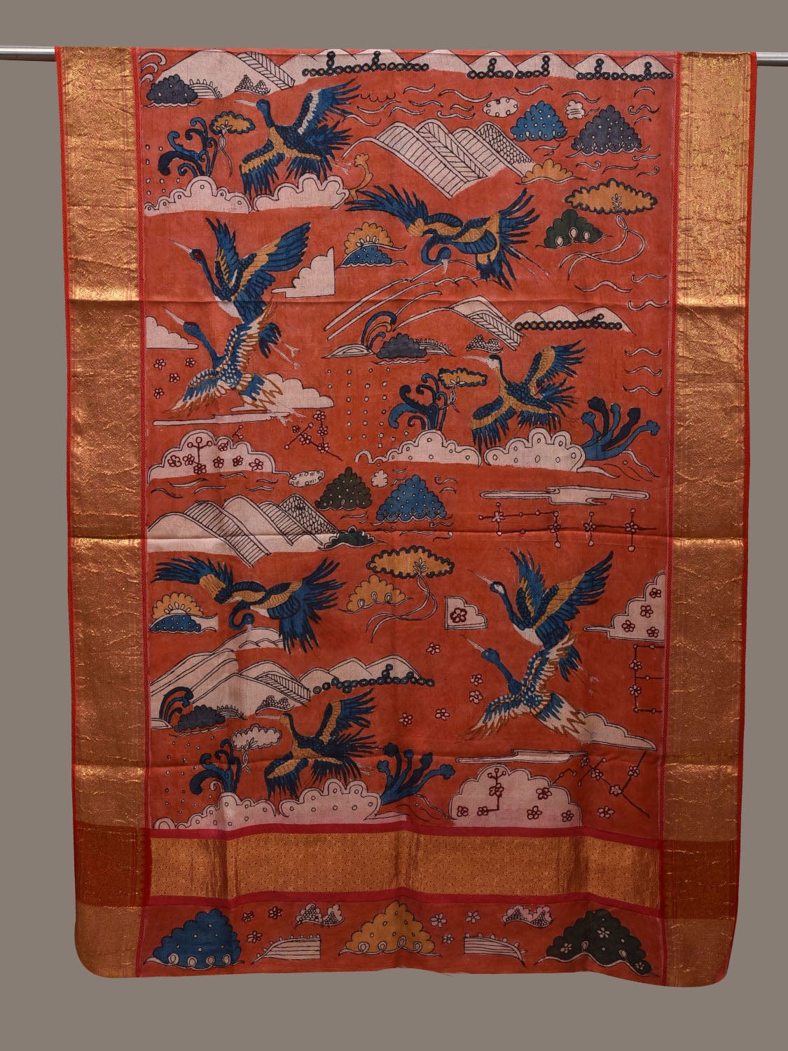 Red Kalamkari Hand Painted Kanchipuram Silk Handloom Dupatta with Birds and Hills Design ds2787