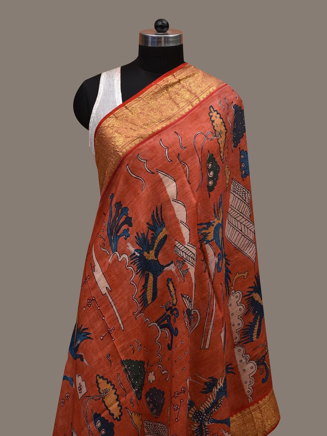 Red Kalamkari Hand Painted Kanchipuram Silk Handloom Dupatta with Birds and Hills Design ds2787