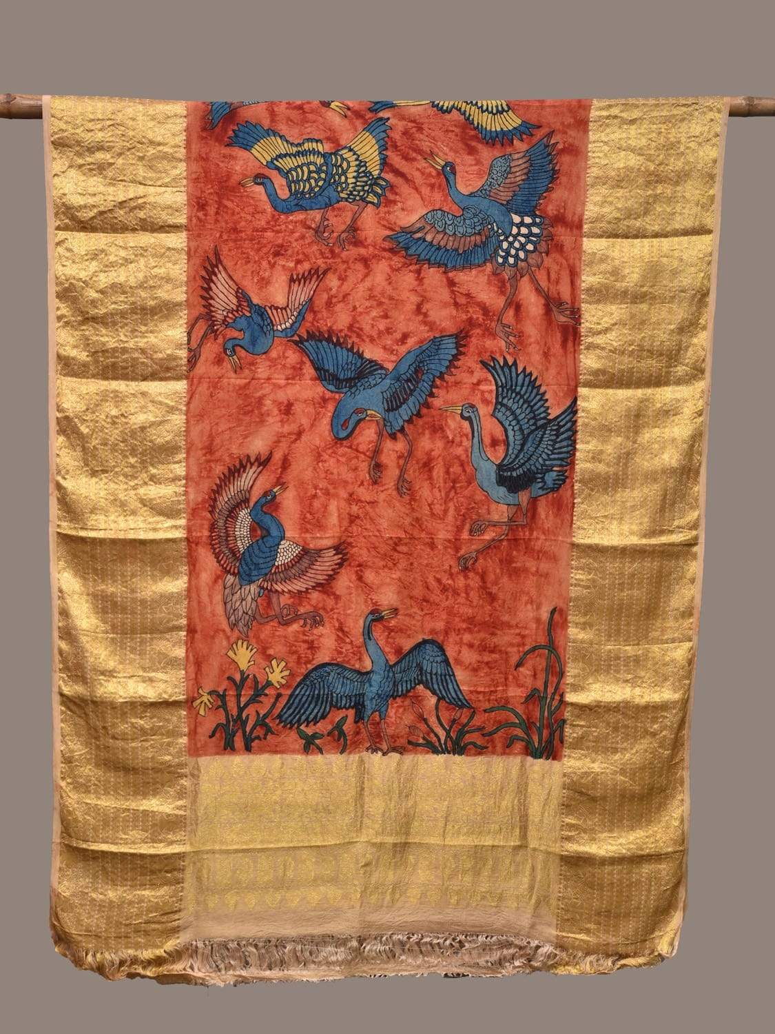 Red Kalamkari Hand Painted Kanchipuram Silk Handloom Dupatta with Birds Design ds2233