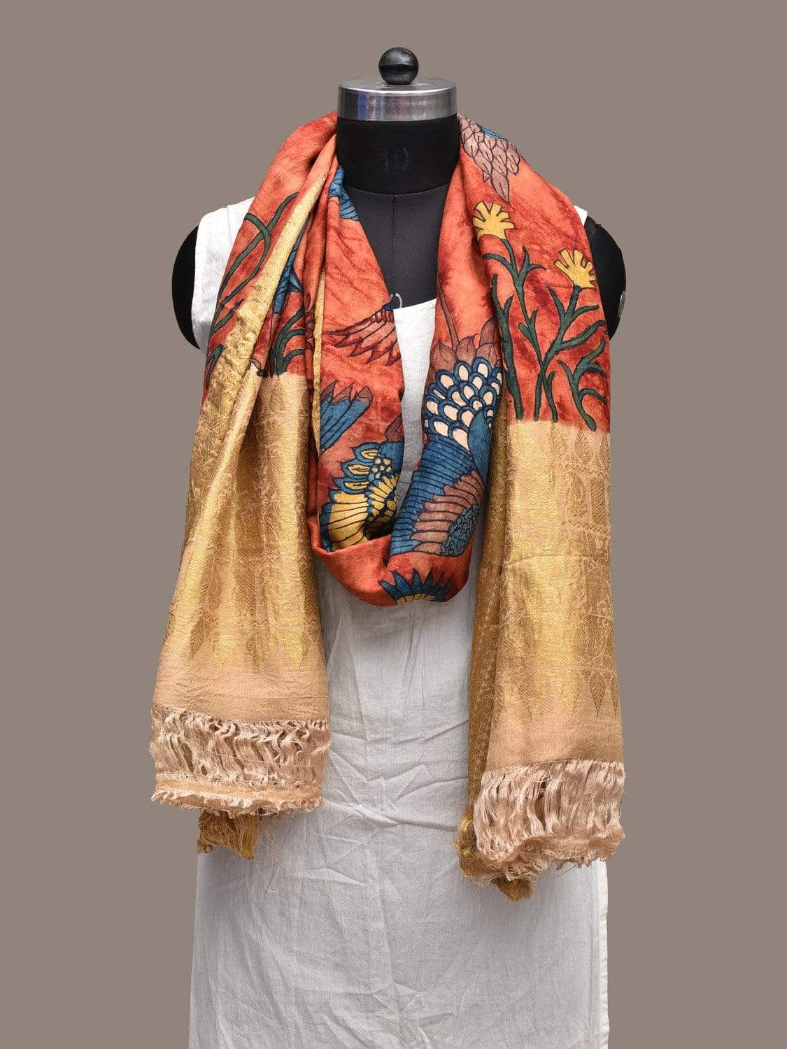 Red Kalamkari Hand Painted Kanchipuram Silk Handloom Dupatta with Birds Design ds2233