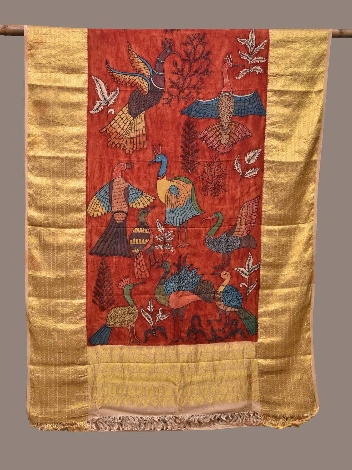 Red Kalamkari Hand Painted Kanchipuram Silk Handloom Dupatta with Birds Design ds2237