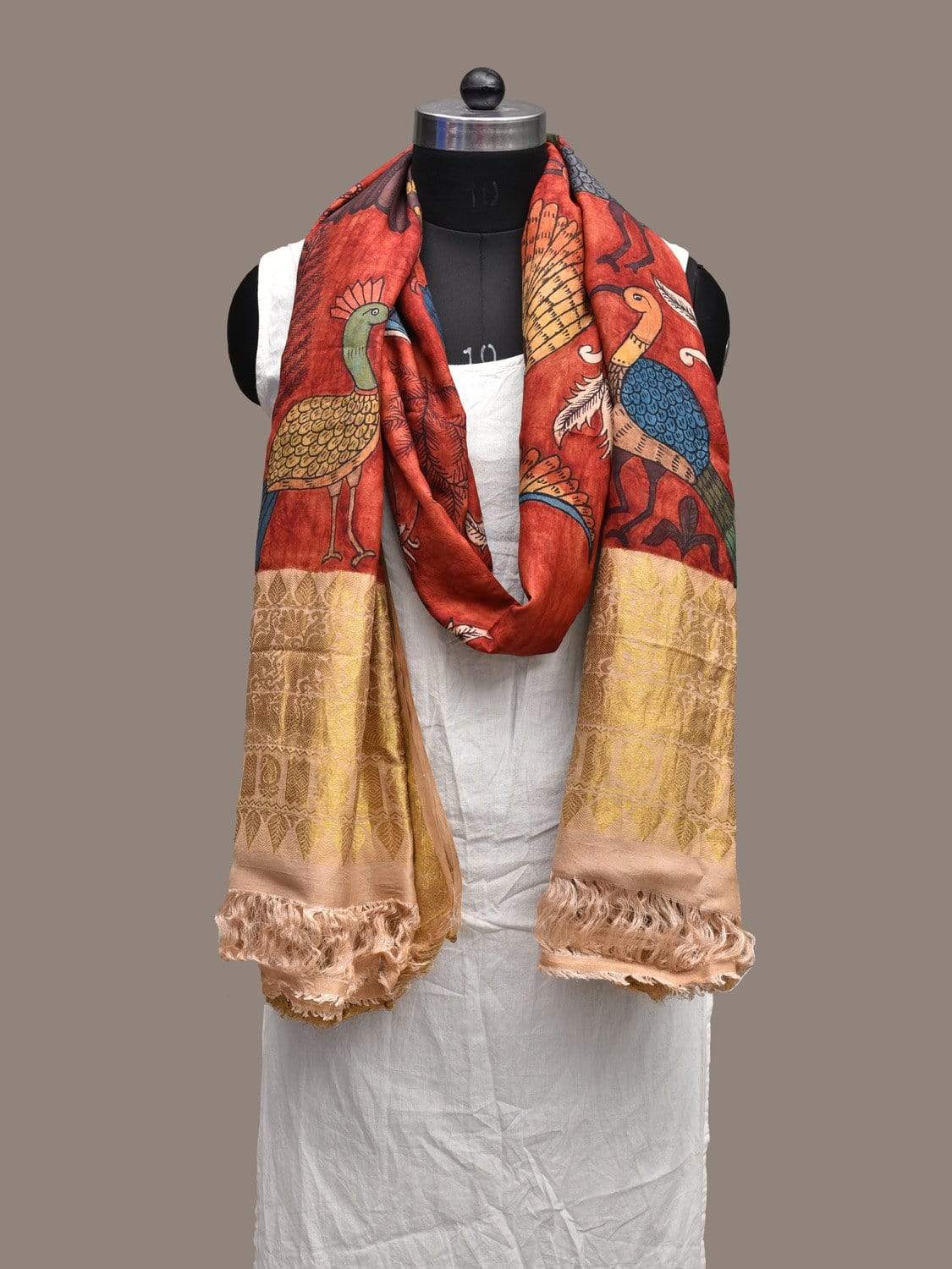 Red Kalamkari Hand Painted Kanchipuram Silk Handloom Dupatta with Birds Design ds2237