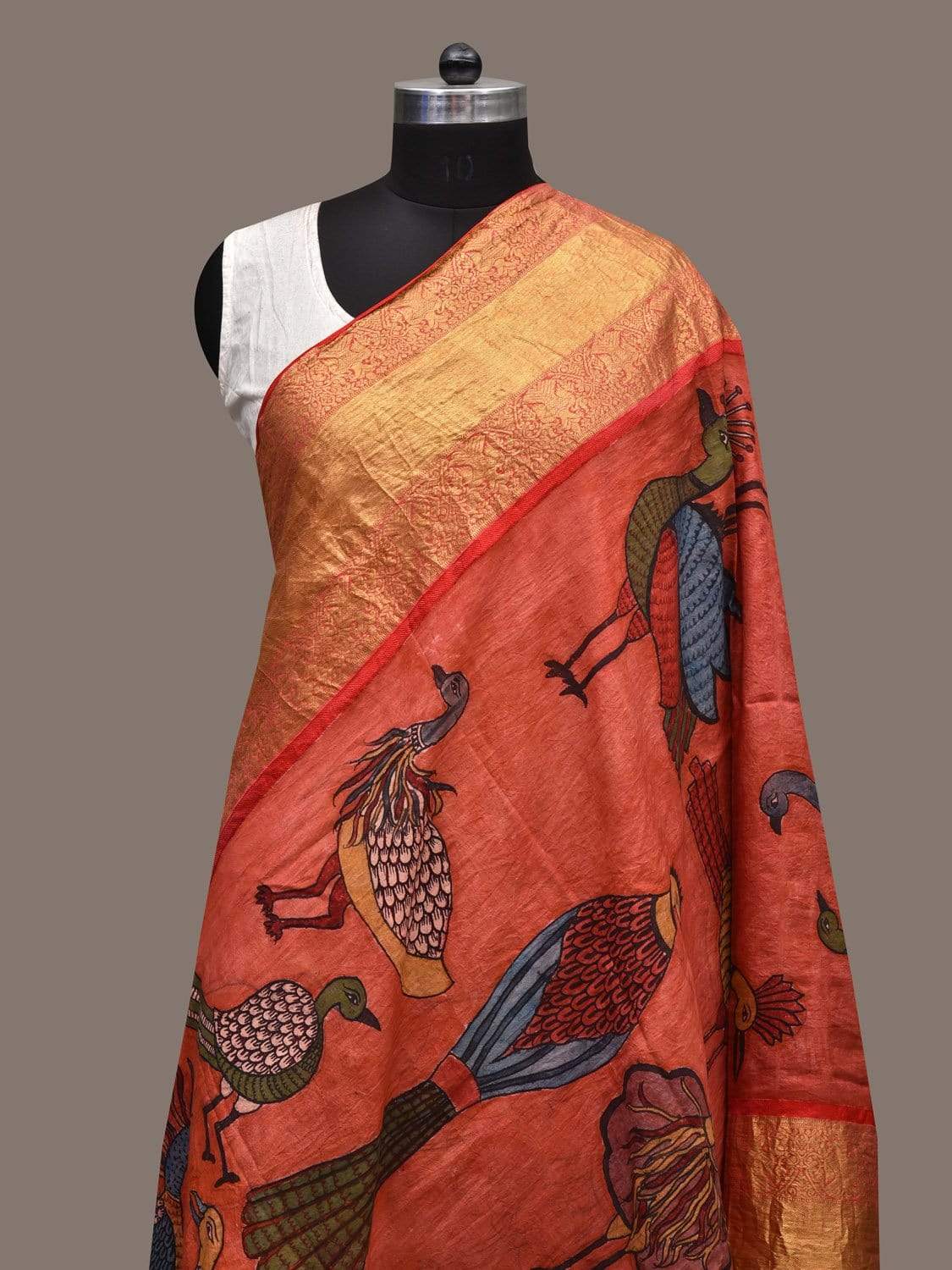 Red Kalamkari Hand Painted Kanchipuram Silk Handloom Dupatta with Birds Design ds2329