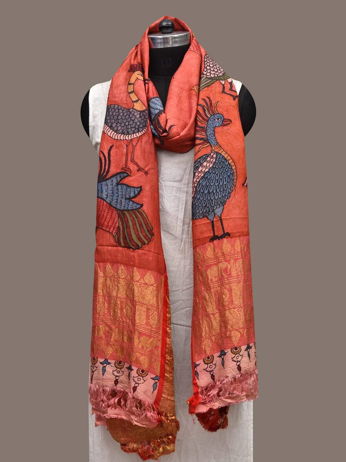 Red Kalamkari Hand Painted Kanchipuram Silk Handloom Dupatta with Birds Design ds2329