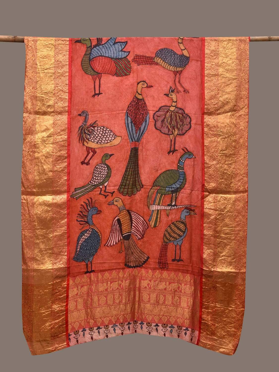 Red Kalamkari Hand Painted Kanchipuram Silk Handloom Dupatta with Birds Design ds2329