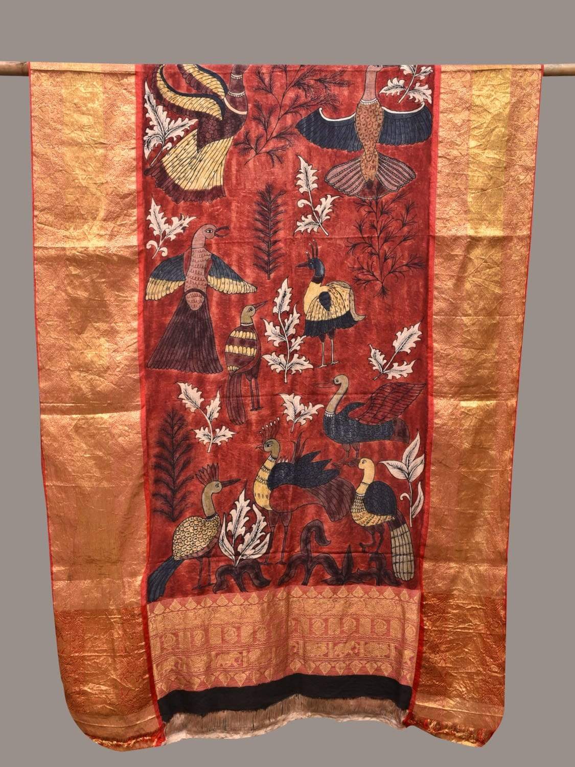 Red Kalamkari Hand Painted Kanchipuram Silk Handloom Dupatta with Birds Design ds2360