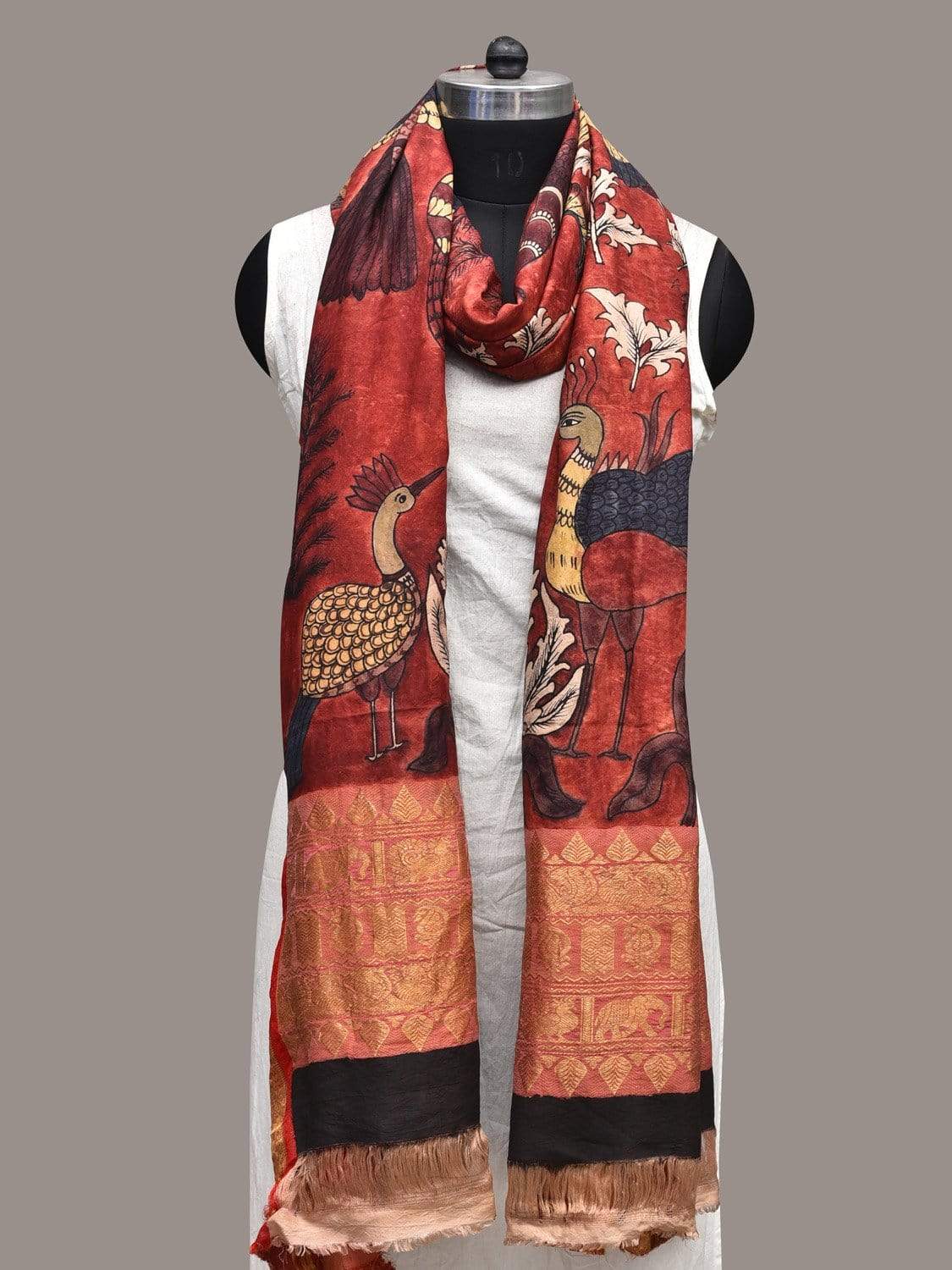 Red Kalamkari Hand Painted Kanchipuram Silk Handloom Dupatta with Birds Design ds2360