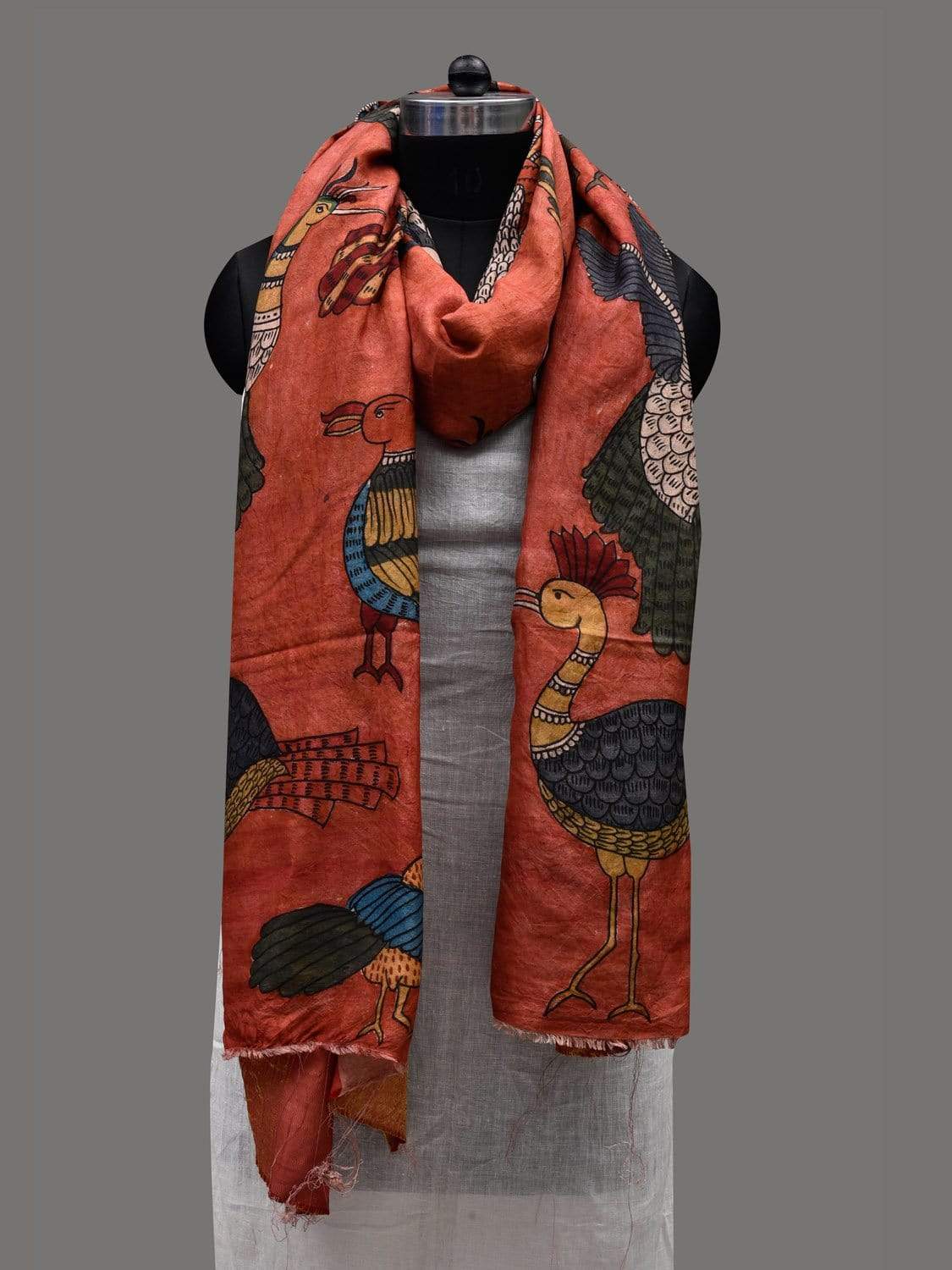 Red Kalamkari Hand Painted Kanchipuram Silk Handloom Dupatta with Birds Design ds2399