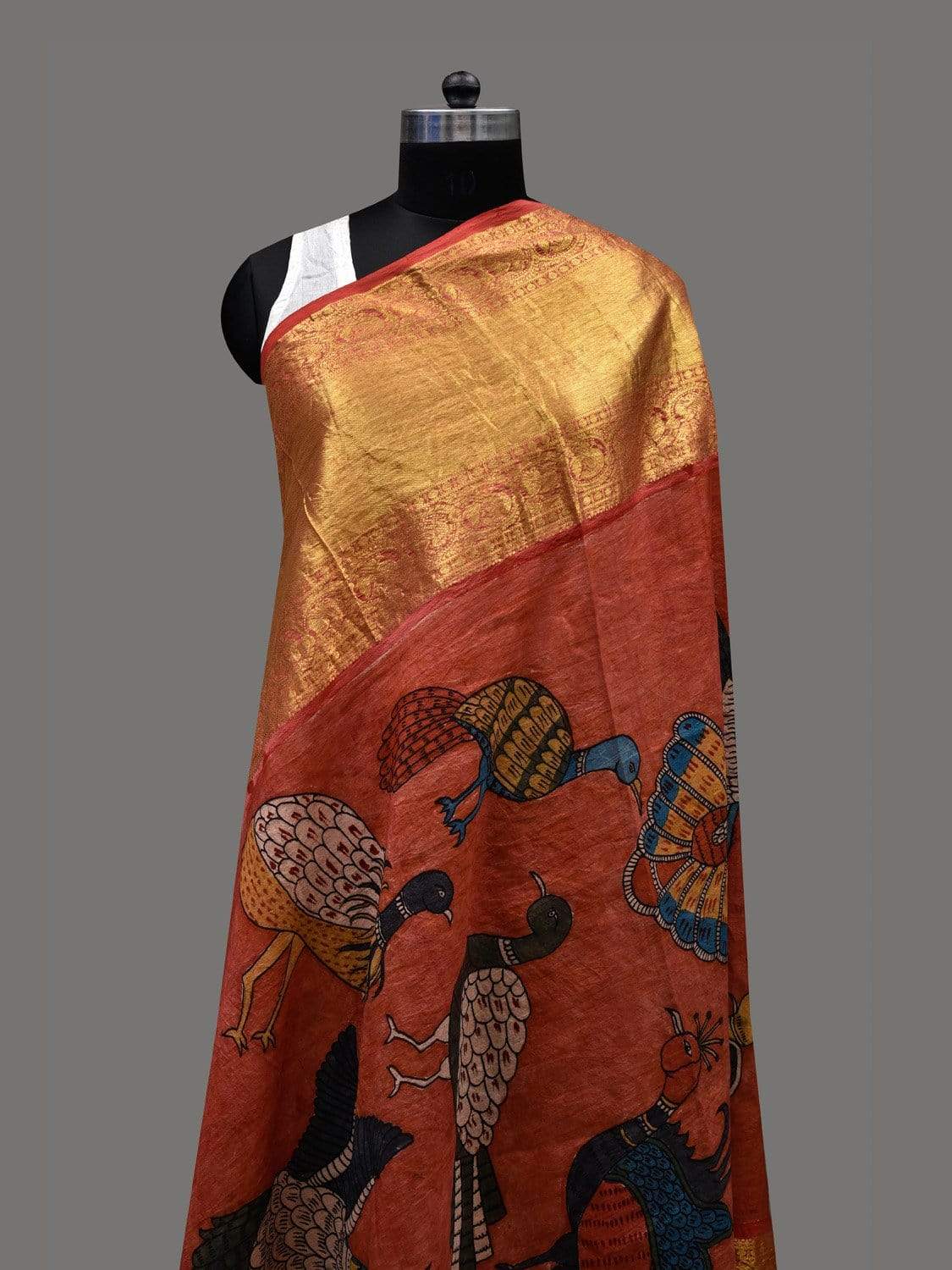 Red Kalamkari Hand Painted Kanchipuram Silk Handloom Dupatta with Birds Design ds2399