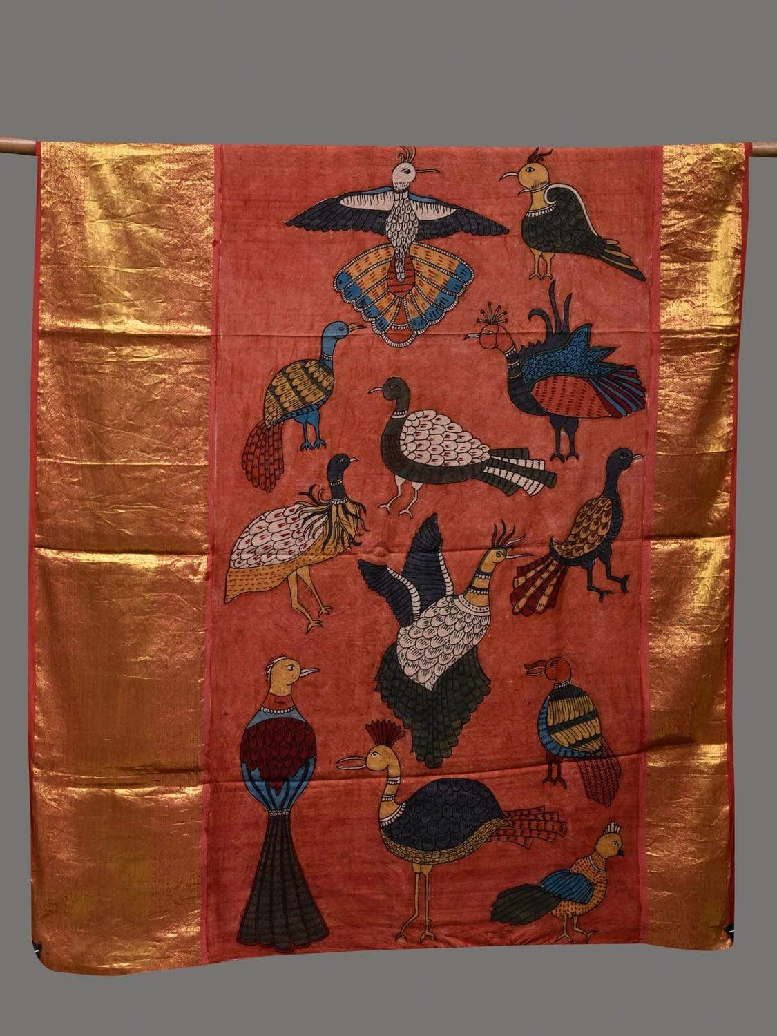 Red Kalamkari Hand Painted Kanchipuram Silk Handloom Dupatta with Birds Design ds2399