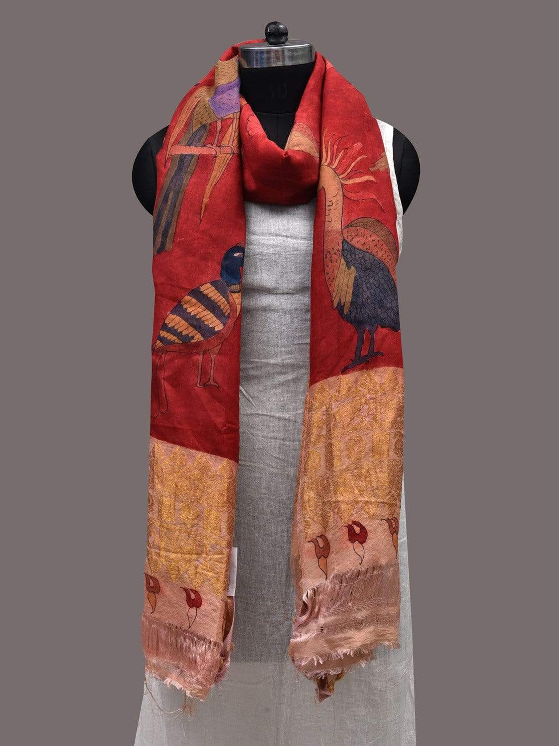 Red Kalamkari Hand Painted Kanchipuram Silk Handloom Dupatta with Birds Design ds2425