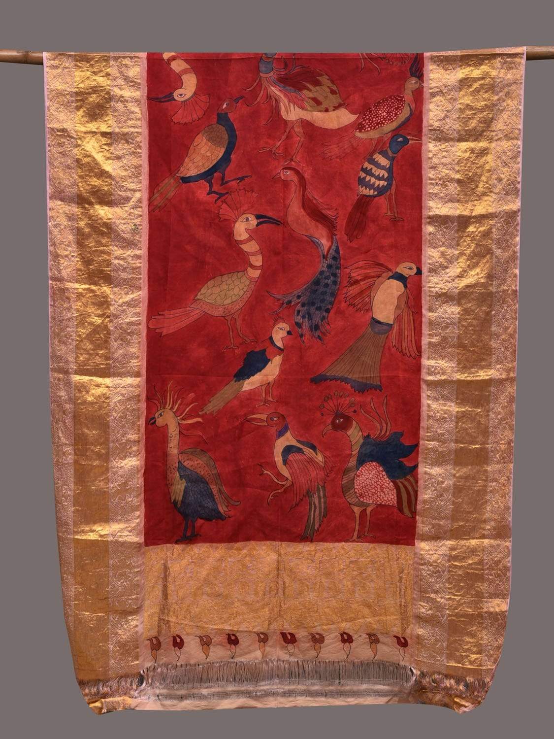 Red Kalamkari Hand Painted Kanchipuram Silk Handloom Dupatta with Birds Design ds2425