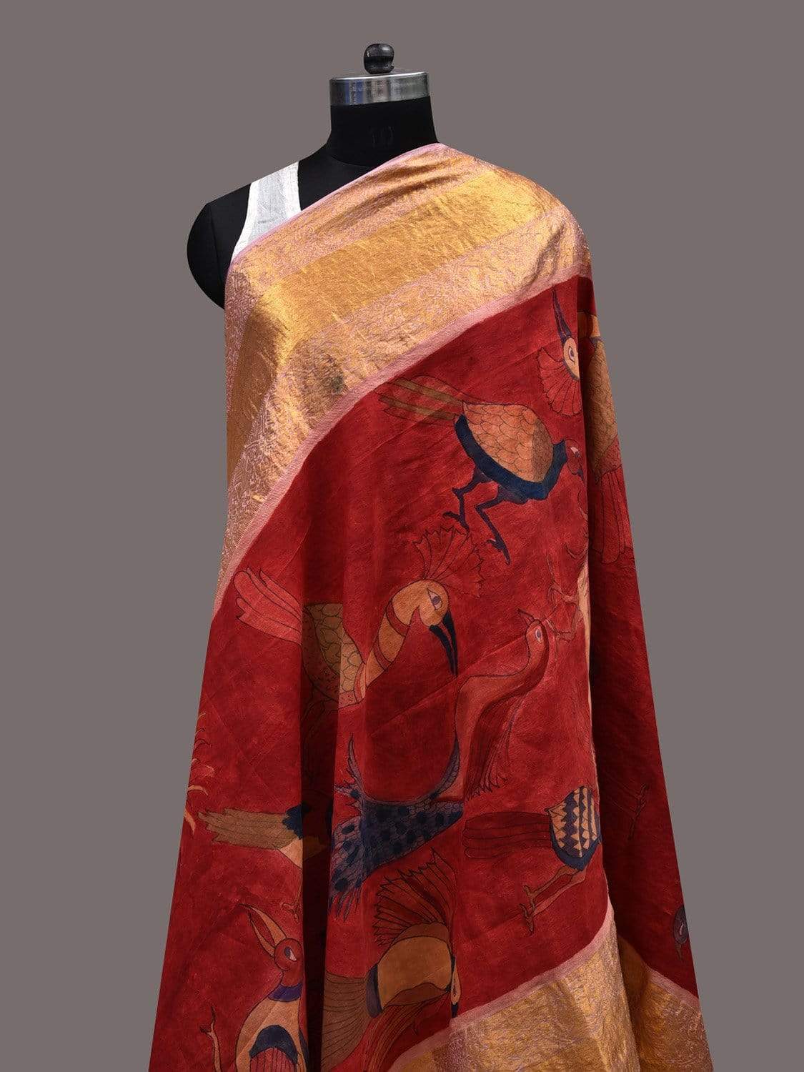Red Kalamkari Hand Painted Kanchipuram Silk Handloom Dupatta with Birds Design ds2425