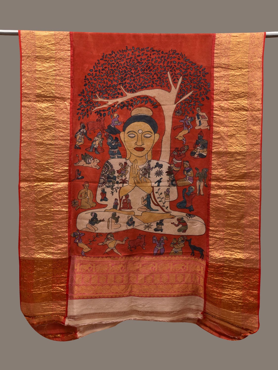 Red Kalamkari Hand Painted Kanchipuram Silk Handloom Dupatta with Buddha Design ds2907