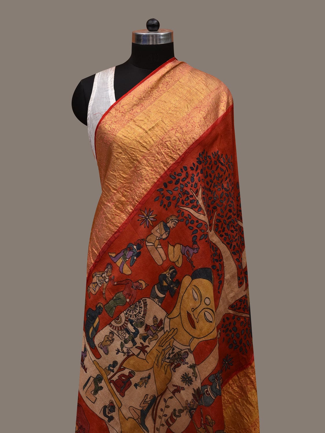 Red Kalamkari Hand Painted Kanchipuram Silk Handloom Dupatta with Buddha Design ds2907
