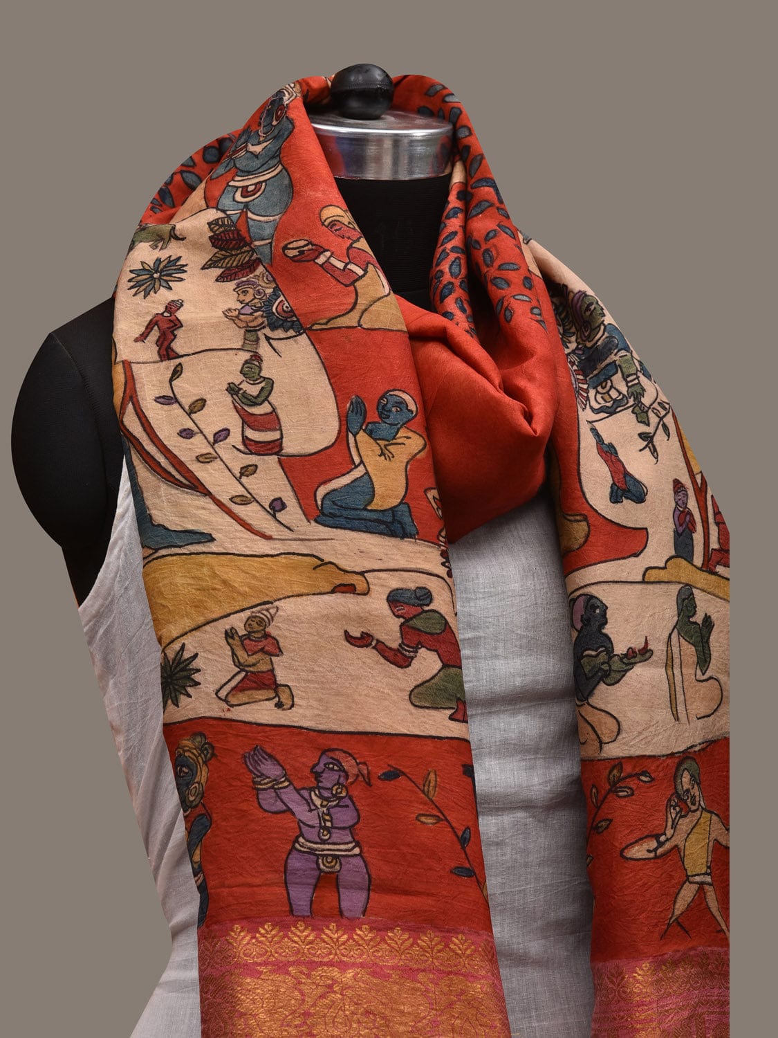 Red Kalamkari Hand Painted Kanchipuram Silk Handloom Dupatta with Buddha Design ds2907
