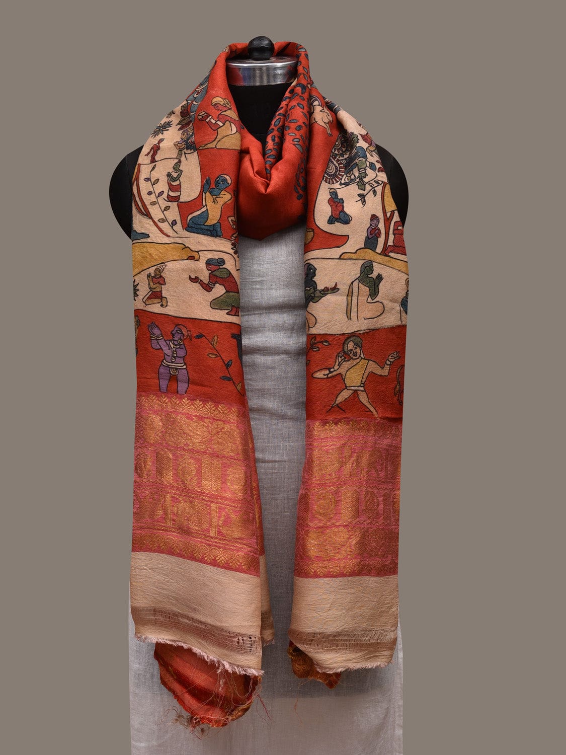 Red Kalamkari Hand Painted Kanchipuram Silk Handloom Dupatta with Buddha Design ds2907