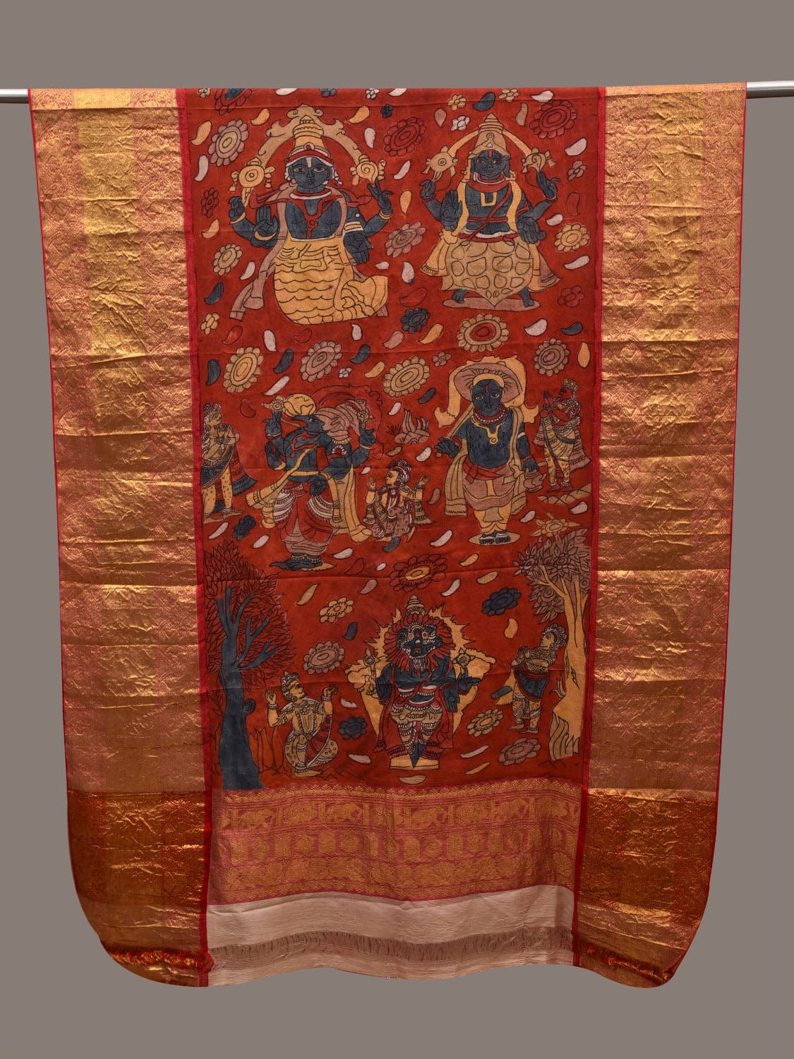 Red Kalamkari Hand Painted Kanchipuram Silk Handloom Dupatta with Dashavatar Design ds2700