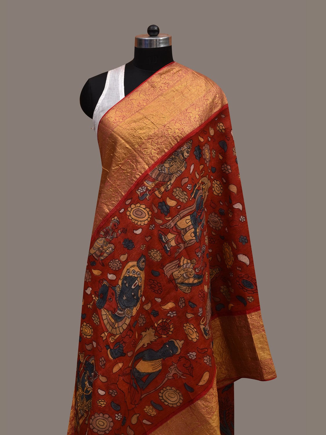 Red Kalamkari Hand Painted Kanchipuram Silk Handloom Dupatta with Dashavatar Design ds2700