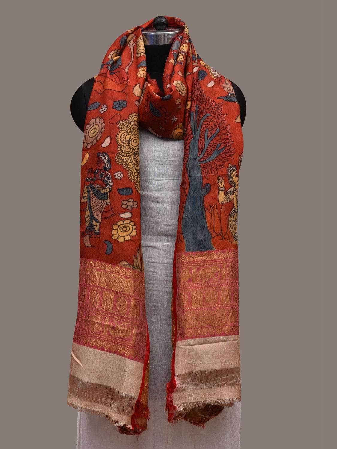 Red Kalamkari Hand Painted Kanchipuram Silk Handloom Dupatta with Dashavatar Design ds2700