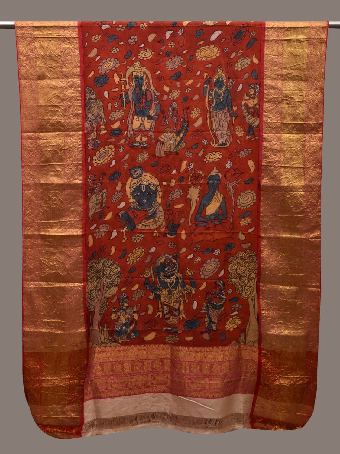 Red Kalamkari Hand Painted Kanchipuram Silk Handloom Dupatta with Dashavatar Design ds2700