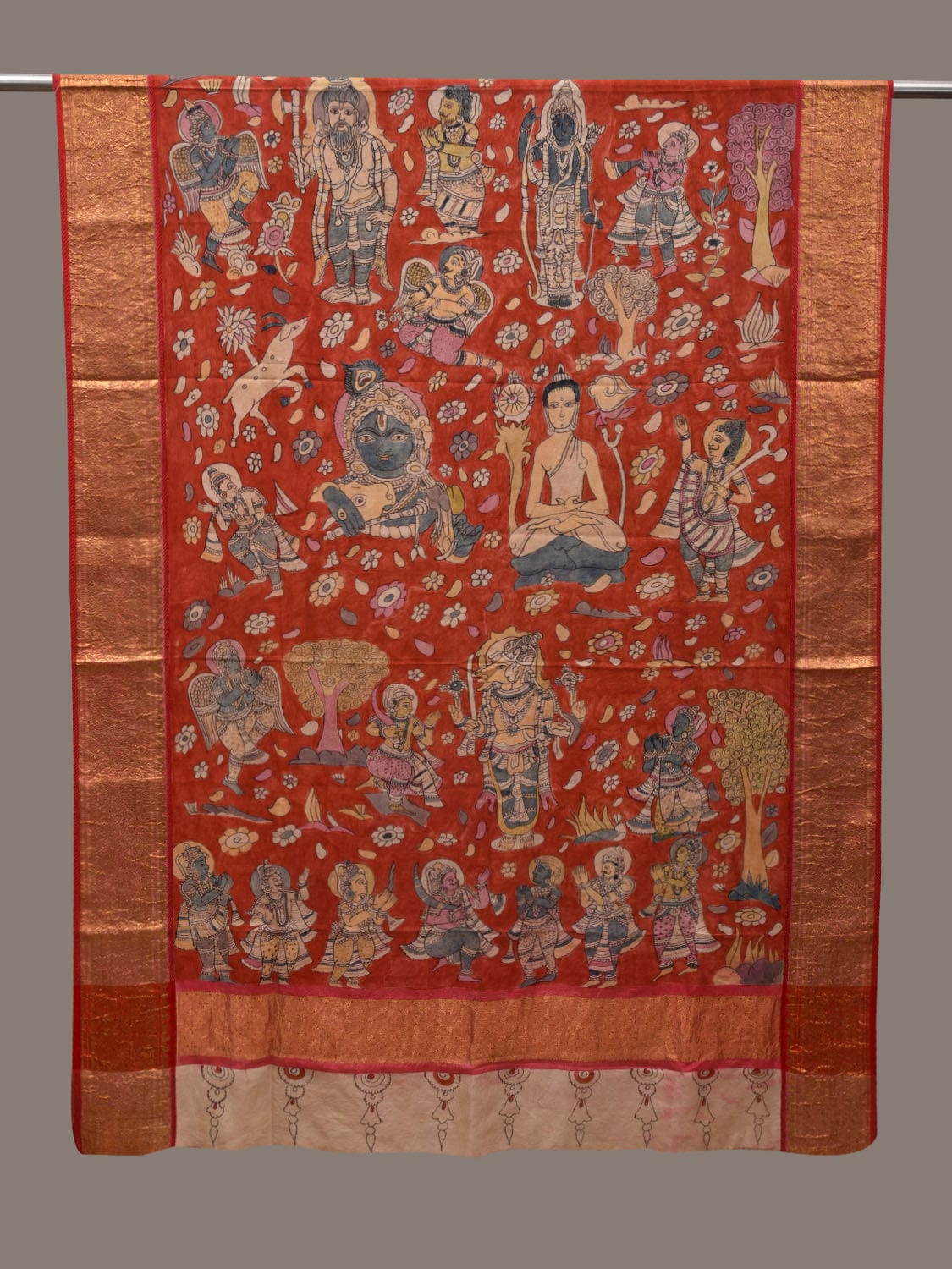 Red Kalamkari Hand Painted Kanchipuram Silk Handloom Dupatta with Dashavatar Design ds2785