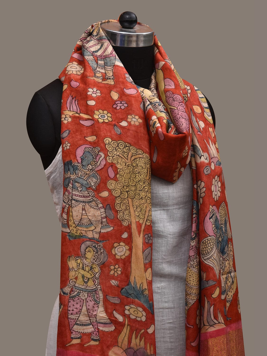 Red Kalamkari Hand Painted Kanchipuram Silk Handloom Dupatta with Dashavatar Design ds2785