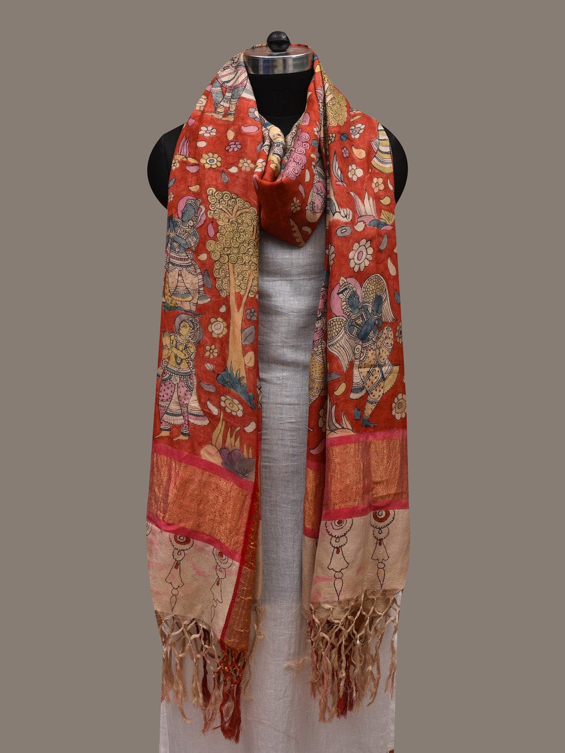 Red Kalamkari Hand Painted Kanchipuram Silk Handloom Dupatta with Dashavatar Design ds2785