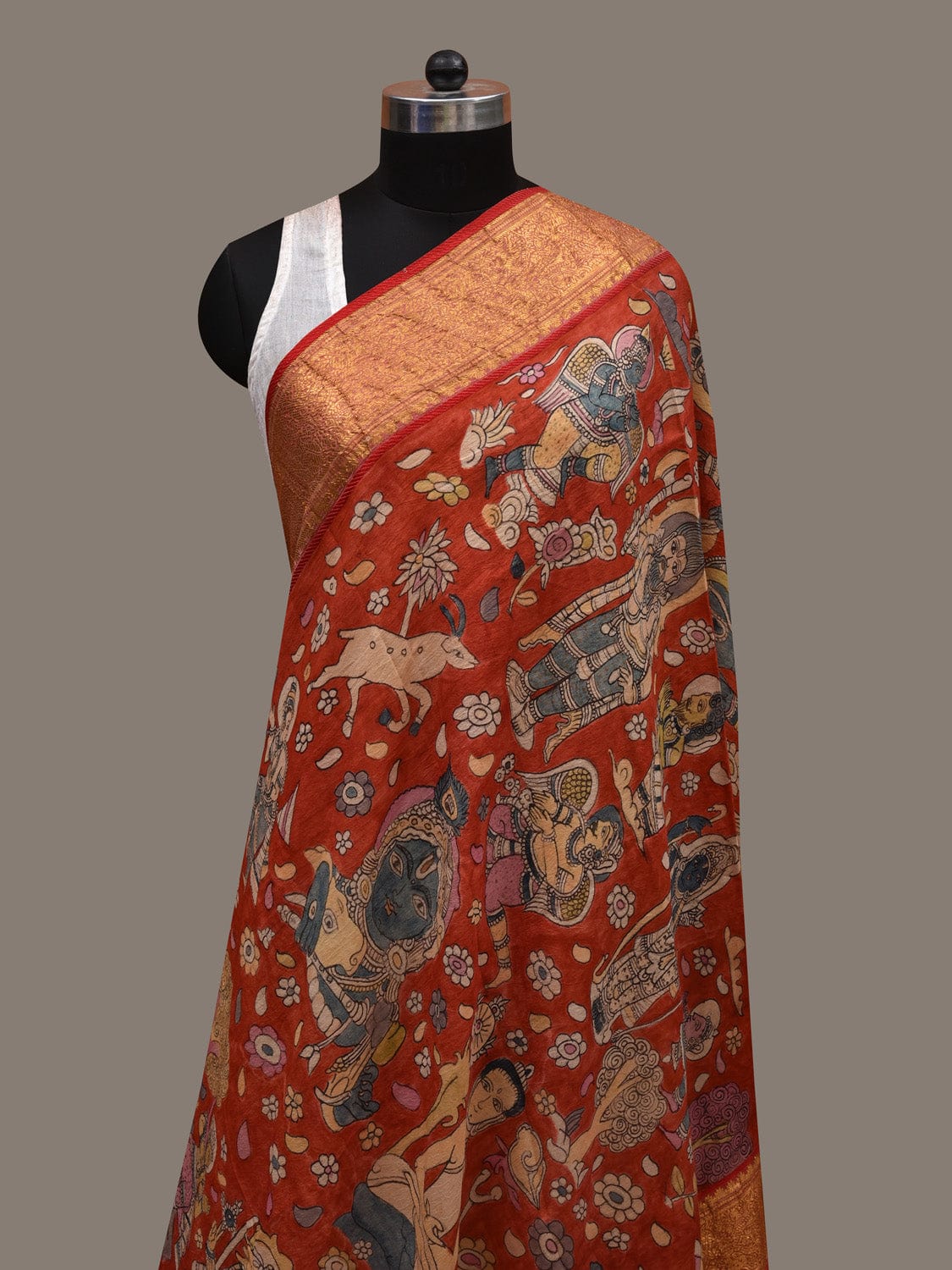 Red Kalamkari Hand Painted Kanchipuram Silk Handloom Dupatta with Dashavatar Design ds2785