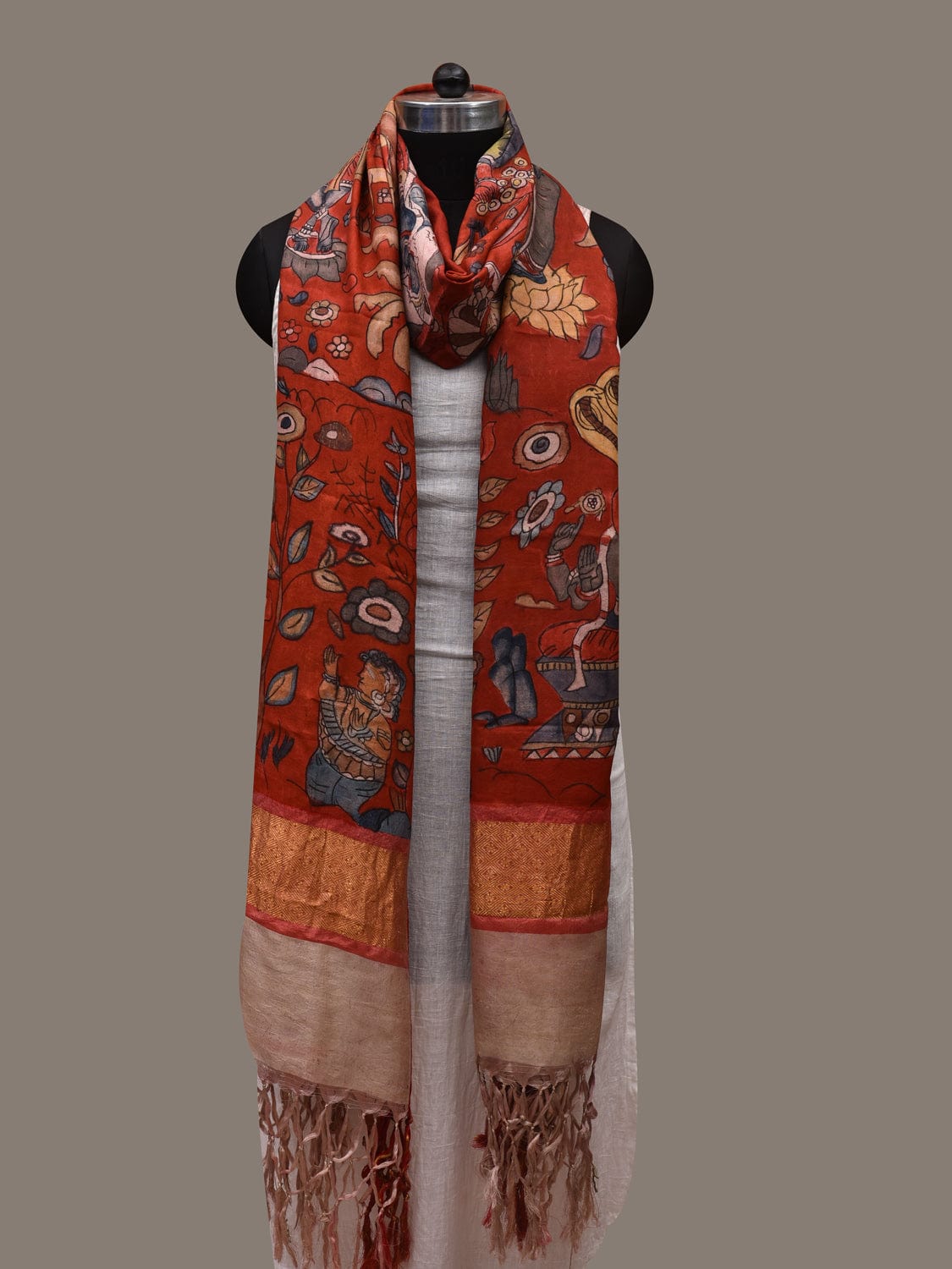 Red Kalamkari Hand Painted Kanchipuram Silk Handloom Dupatta with Dashavatar Design ds2908