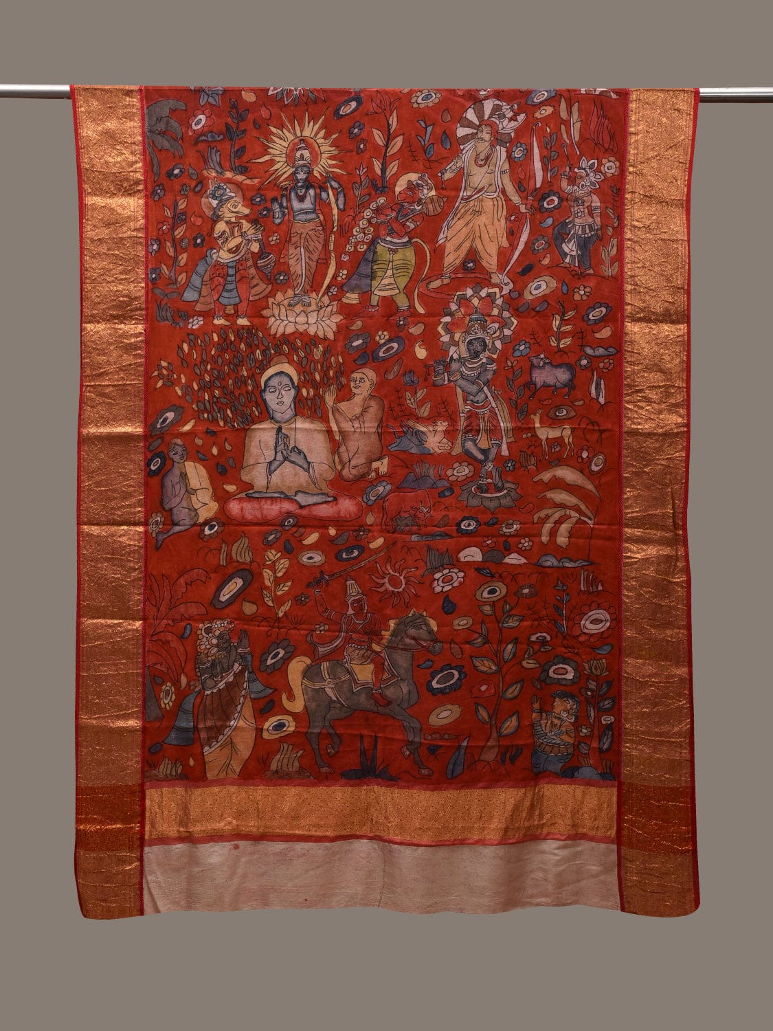Red Kalamkari Hand Painted Kanchipuram Silk Handloom Dupatta with Dashavatar Design ds2908
