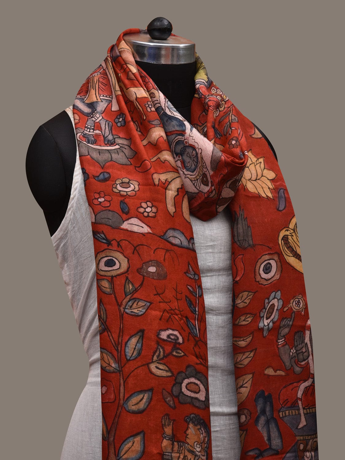 Red Kalamkari Hand Painted Kanchipuram Silk Handloom Dupatta with Dashavatar Design ds2908